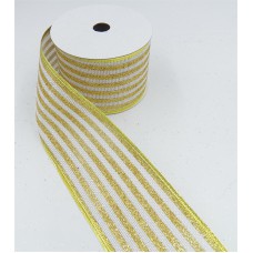 2.5 Inch Wired Christmas Ribbon with Gold Metallic Stripes on White Faux Burlap, 2-1/2 In. X 10 Yds (Lot of 1 Spool) SALE ITEM